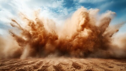 A stunning view of a massive dust burst erupting from a barren landscape, capturing the essence of raw power and motion in nature's unpredictable beauty.