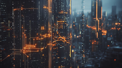 Smart digital Innovation city with connection network reciprocity over the twilight cityscape. of future smart wireless digital city and social media networking systems that connects people with city
