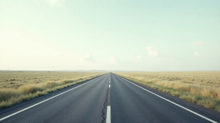 Endless Asphalt Highway Cutting Through a Vast Expanse of Serene Grasslands Under a Pale Sky