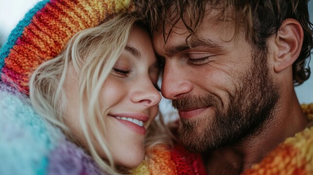 A cozy couple snuggles together, enjoying an intimate moment wrapped in vibrant, multicolored blankets that radiate warmth and affection amidst a serene atmosphere.