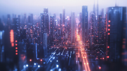 Fototapeta premium Smart digital Innovation city with connection network reciprocity over the twilight cityscape. of future smart wireless digital city and social media networking systems that connects people with city 