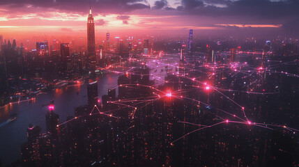 Fototapeta premium Smart digital Innovation city with connection network reciprocity over the twilight cityscape. of future smart wireless digital city and social media networking systems that connects people with city 