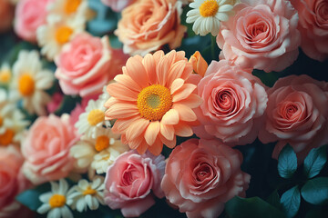 Fototapeta premium Delicate Roses and Daisies in a Floral Arrangement