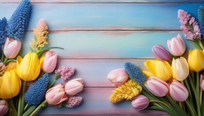 Bright pastel blooms of tulips and other flowers rest on a faded retro wood panel painted in soft colors. This display captures the essence of spring, inviting creativity and joy