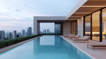 Fototapeta premium A modern rooftop pool with stunning city views, featuring lounge chairs and a sleek architectural design, perfect for relaxation and luxury.