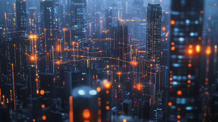 Obraz premium Smart digital Innovation city with connection network reciprocity over the twilight cityscape. of future smart wireless digital city and social media networking systems that connects people with city 