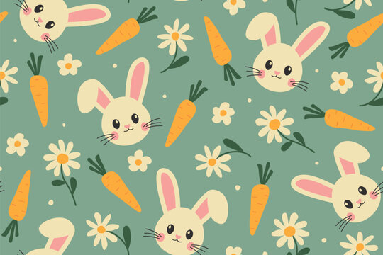 seamless easter pattern with rabbits, carrots and daisy flowers - vector illustration