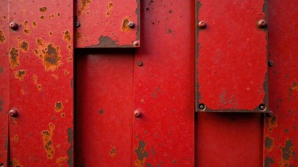 Textured Red Metal Panel with Rust and Fasteners A Detailed Abstract Background Image