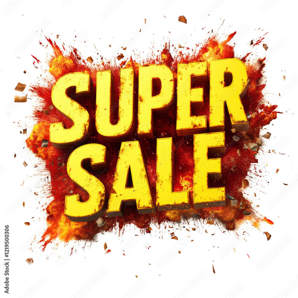 Poster a 3d rendered image depicts a fiery explosion surrounding the words super sale in a bold yellow font