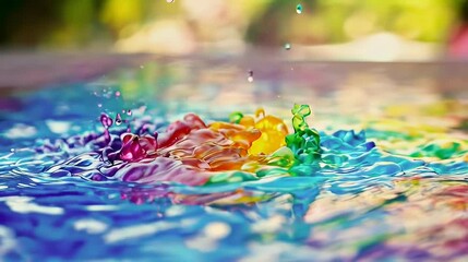 Rainbow paint splashes in water, vibrant colors, outdoor background, artistic design