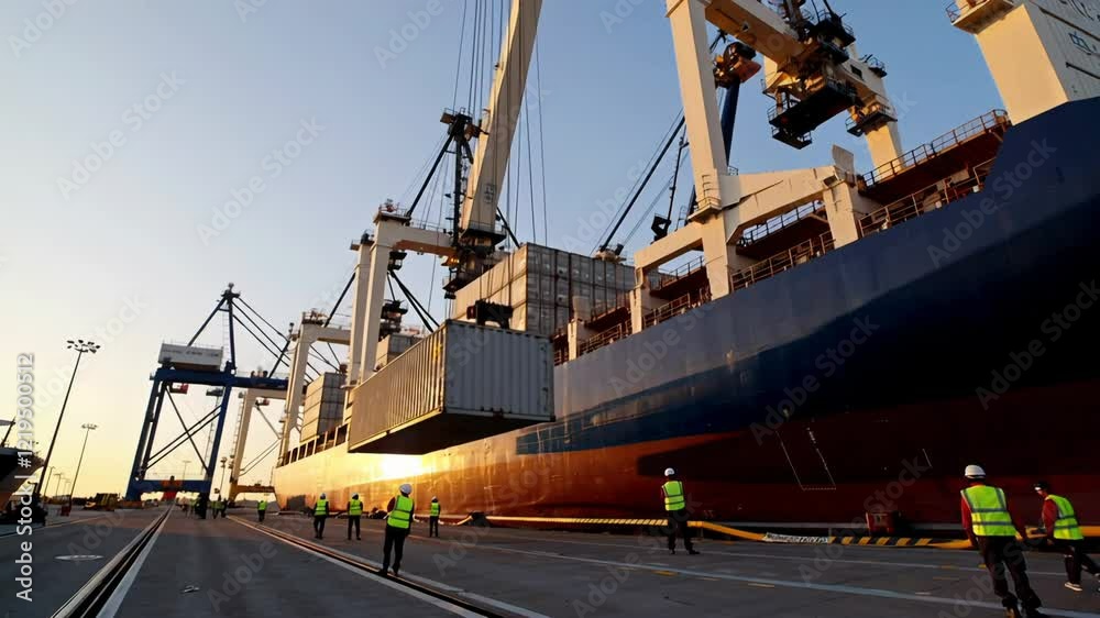 Poster dockworkers supervise the precise positioning of a shipping container as a crane carefully lowers it