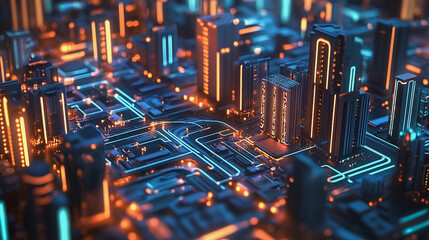 Smart digital Innovation city with connection network reciprocity over the twilight cityscape. of future smart wireless digital city and social media networking systems that connects people with city
