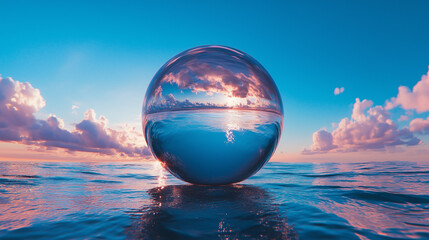 Surreal dreamy glass sphere reflecting sunset over ocean waves with vibrant sky and clouds