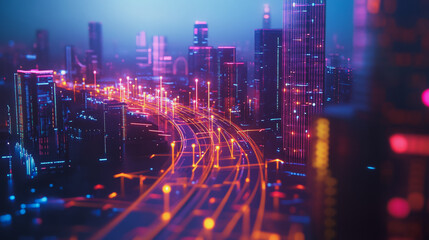 Fototapeta premium Smart digital Innovation city with connection network reciprocity over the twilight cityscape. of future smart wireless digital city and social media networking systems that connects people with city 