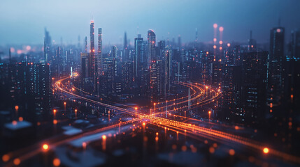 Obraz premium Smart digital Innovation city with connection network reciprocity over the twilight cityscape. of future smart wireless digital city and social media networking systems that connects people with city 
