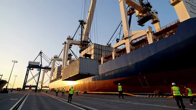 Dockworkers supervise the precise positioning of a shipping container as a crane carefully lowers it onto a large container ship at sunset in a bustling commercial port