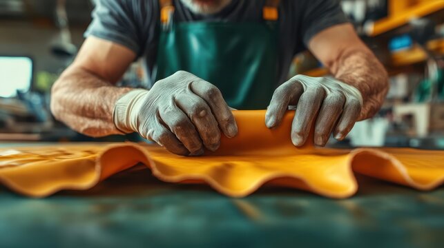 An artisan is shaping yellow leather with careful precision in a well-equipped workshop, embodying the essence of skilled craftsmanship and dedication to the craft.