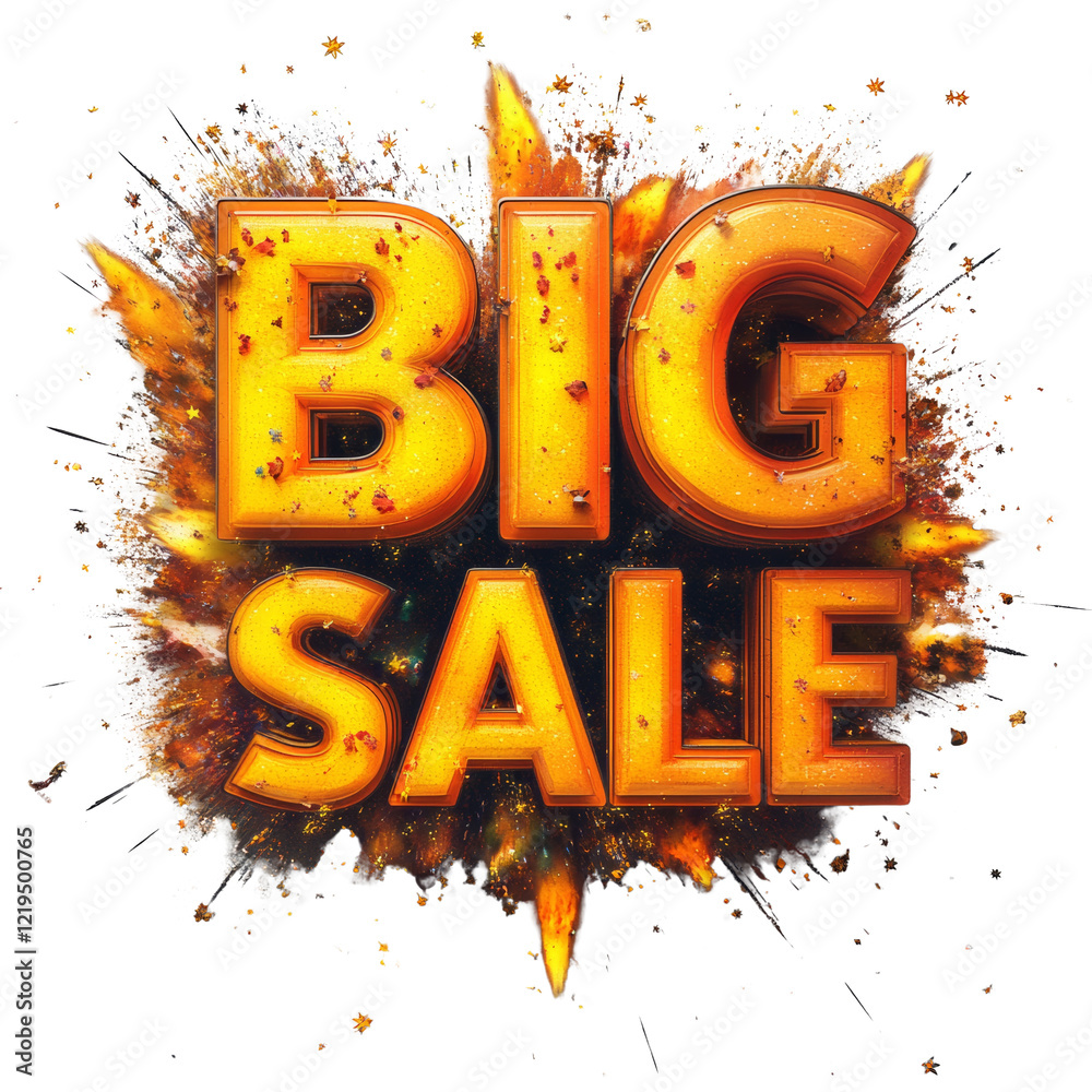 Poster a dynamic graphic announcing a big sale with fiery orange letters exploding against a dark backgroun
