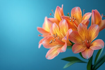 Fototapeta premium Peach Alstroemeria Flowers Against Blue Background
