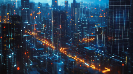 Obraz premium Smart digital Innovation city with connection network reciprocity over the twilight cityscape. of future smart wireless digital city and social media networking systems that connects people with city 