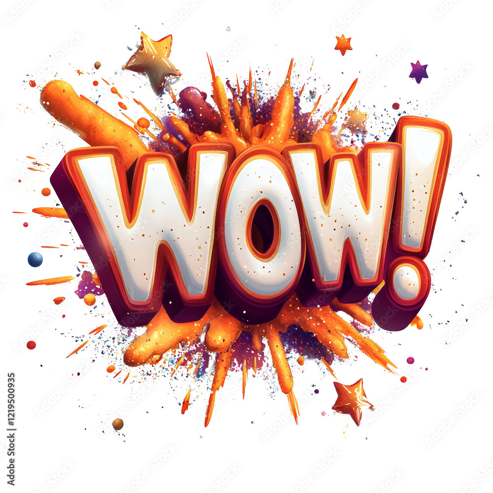 Poster a vibrant 3d wow exclamation mark explodes from an orange and purple paint splash with stars.