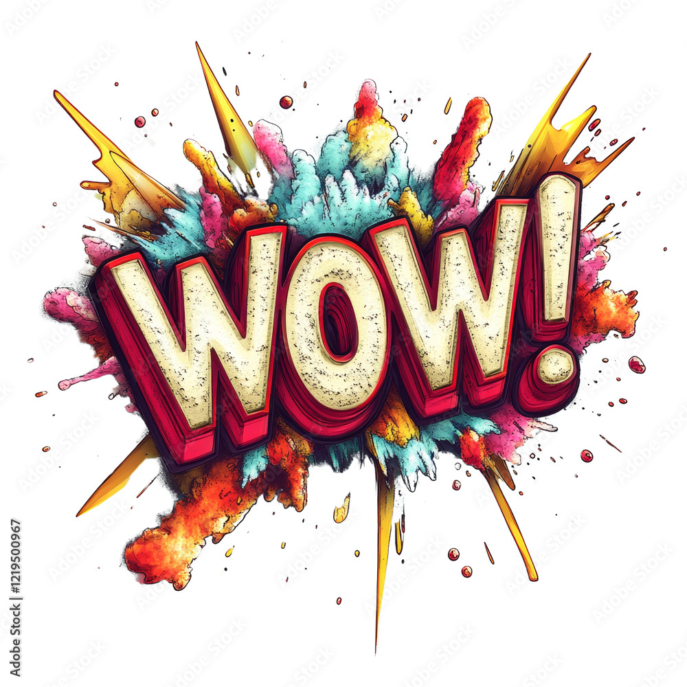 Poster a vibrant 3d rendered wow exclamation surrounded by a colorful paint splash explosion, evoking excit