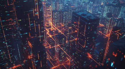 Fototapeta premium Smart digital Innovation city with connection network reciprocity over the twilight cityscape. of future smart wireless digital city and social media networking systems that connects people with city 