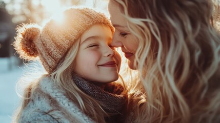 A touching moment shared between a mother and daughter, capturing their joyful expressions in a wintery setting, radiating love and warmth against the cold backdrop.