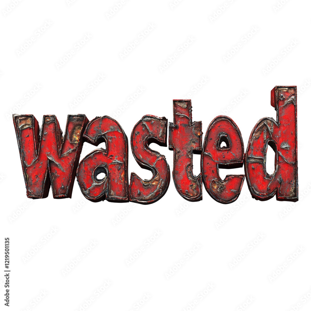 Poster the image shows the word wasted rendered in three dimensional red rusted metal letters against a bla