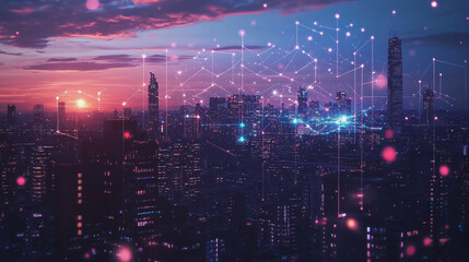 Fototapeta premium Smart digital Innovation city with connection network reciprocity over the twilight cityscape. of future smart wireless digital city and social media networking systems that connects people with city 