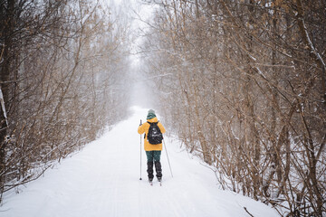 A person is gracefully skiing down a snowcovered path that winds through the still, quiet woods, enjoying the serene beauty of winter as they navigate the snowy landscape