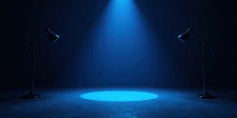 Illuminated Stage with Two Floor Lamps Casting a Blue Spotlight on an Empty Circular Platform
