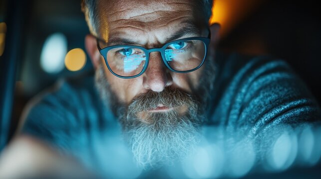 A close-up of a thoughtful man in glasses intensely analyzing data on a screen, showcasing deep concentration and reflection in a modern workspace.