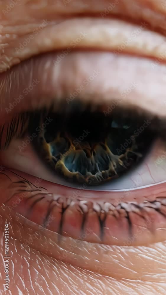 Poster Detailed human eye revealing vibrant iris patterns, displaying intricate color variations and mesmerizing texture in striking close up perspective