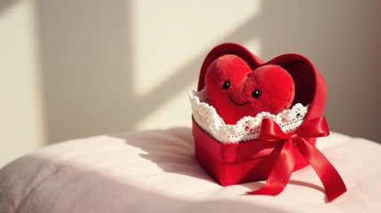 A heartwarming plush heart nestled within a crimson heart-shaped gift box, adorned with delicate lace and a vibrant red ribbon, bathed in the soft glow of sunlight.