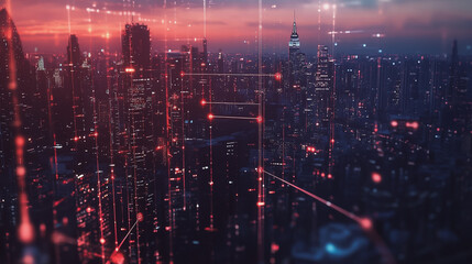 Obraz premium Smart digital Innovation city with connection network reciprocity over the twilight cityscape. of future smart wireless digital city and social media networking systems that connects people with city 