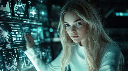 Fototapeta premium Cyberpunk Woman: A Futuristic Vision of Data Analysis