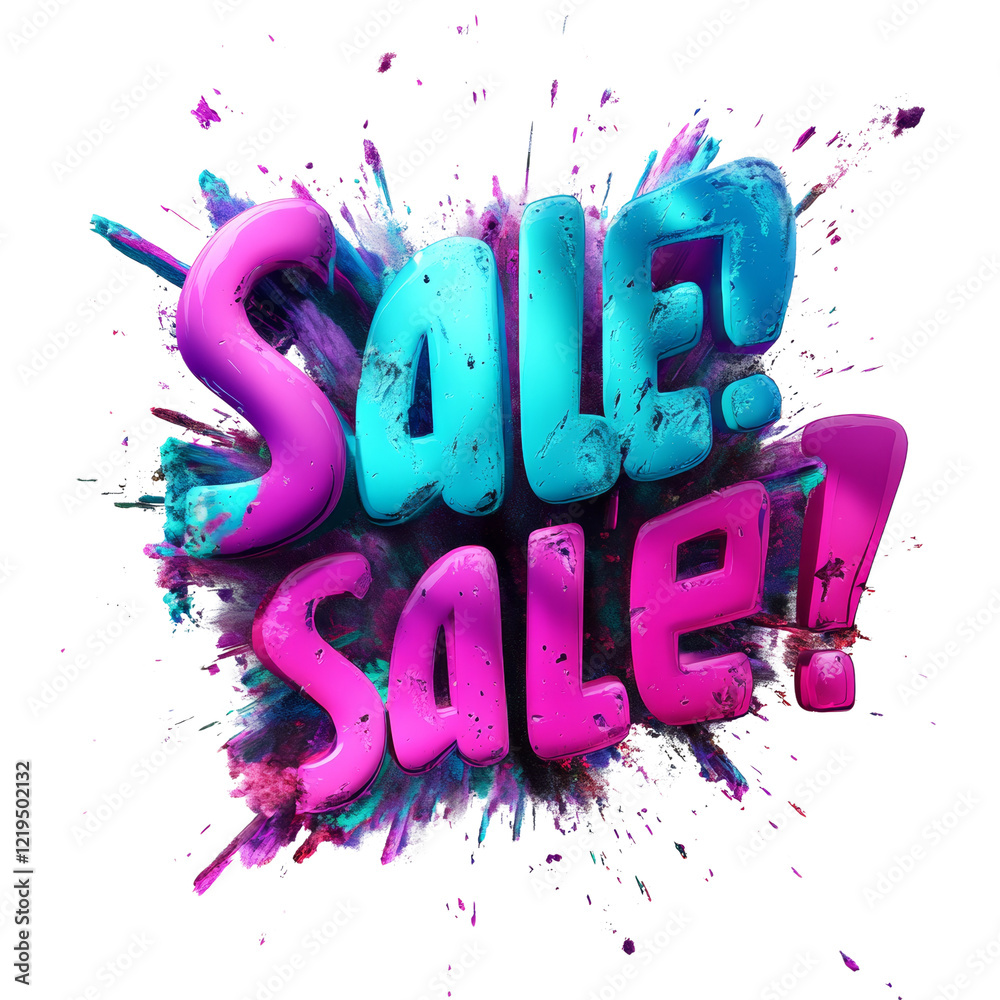 Poster A vibrant image depicting a sale announcement with 3D text in pink and blue, set against an exploding paint splash background.