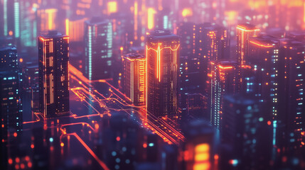 Fototapeta premium Smart digital Innovation city with connection network reciprocity over the twilight cityscape. of future smart wireless digital city and social media networking systems that connects people with city 