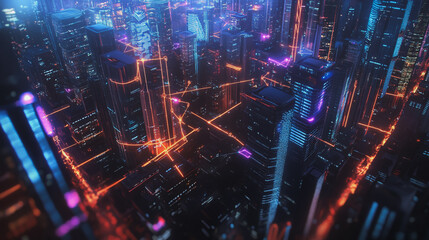 Fototapeta premium Smart digital Innovation city with connection network reciprocity over the twilight cityscape. of future smart wireless digital city and social media networking systems that connects people with city 