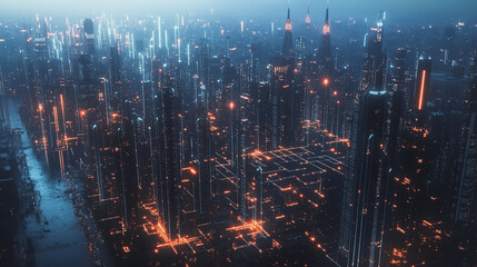 Naklejka premium Smart digital Innovation city with connection network reciprocity over the twilight cityscape. of future smart wireless digital city and social media networking systems that connects people with city 