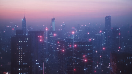 Fototapeta premium Smart digital Innovation city with connection network reciprocity over the twilight cityscape. of future smart wireless digital city and social media networking systems that connects people with city 