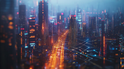 Fototapeta premium Smart digital Innovation city with connection network reciprocity over the twilight cityscape. of future smart wireless digital city and social media networking systems that connects people with city 