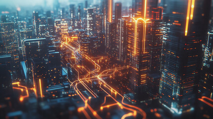 Fototapeta premium Smart digital Innovation city with connection network reciprocity over the twilight cityscape. of future smart wireless digital city and social media networking systems that connects people with city 