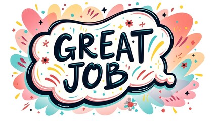 speech bubble, text saying "great job", silhouettes of people, blue tinted background