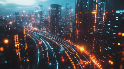 Obraz premium Smart digital Innovation city with connection network reciprocity over the twilight cityscape. of future smart wireless digital city and social media networking systems that connects people with city 