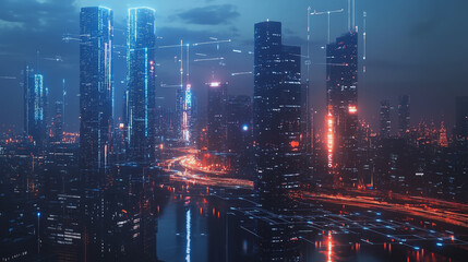 Naklejka premium Smart digital Innovation city with connection network reciprocity over the twilight cityscape. of future smart wireless digital city and social media networking systems that connects people with city 