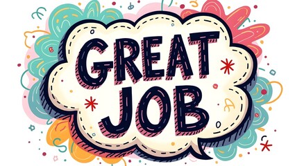 speech bubble, text saying "great job", silhouettes of people, blue tinted background