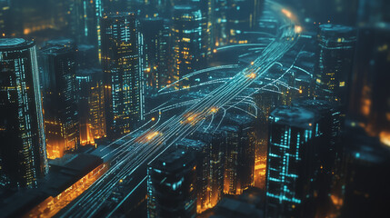 Obraz premium Smart digital Innovation city with connection network reciprocity over the twilight cityscape. of future smart wireless digital city and social media networking systems that connects people with city 