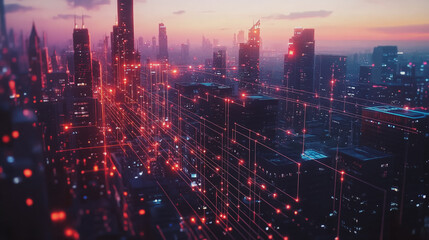 Fototapeta premium Smart digital Innovation city with connection network reciprocity over the twilight cityscape. of future smart wireless digital city and social media networking systems that connects people with city 